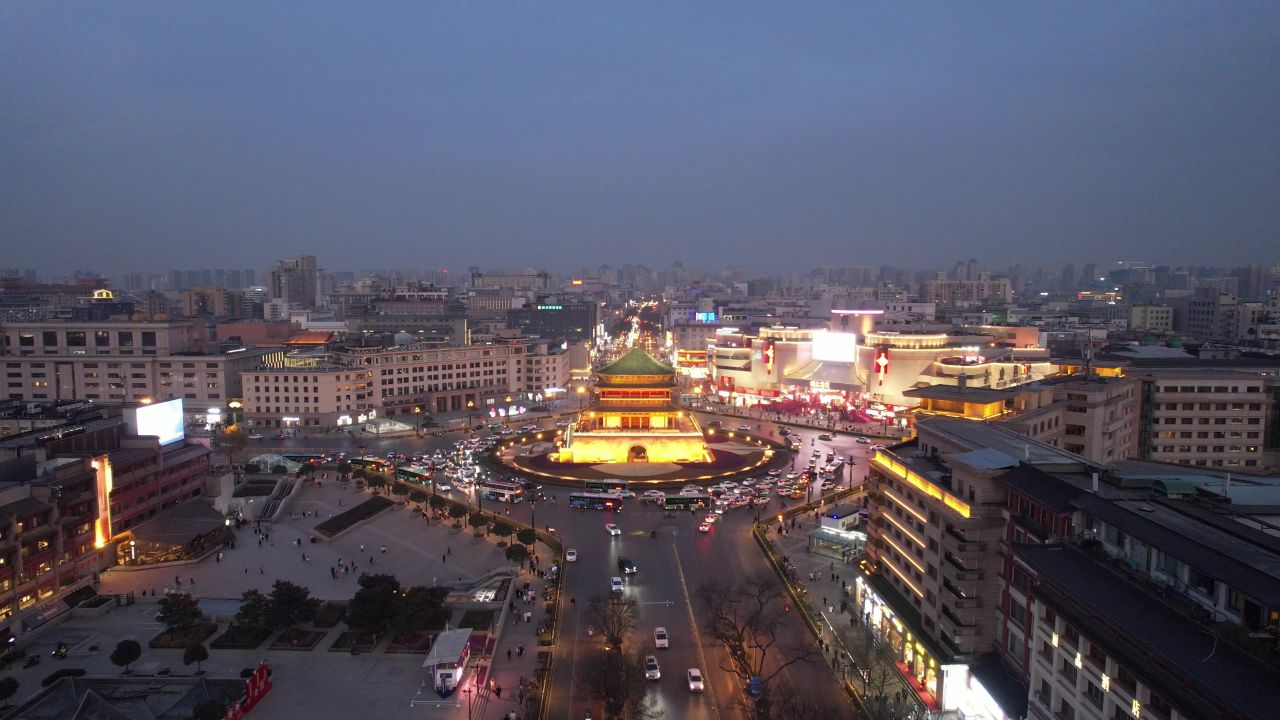 陕西西安钟楼夜景航拍 
