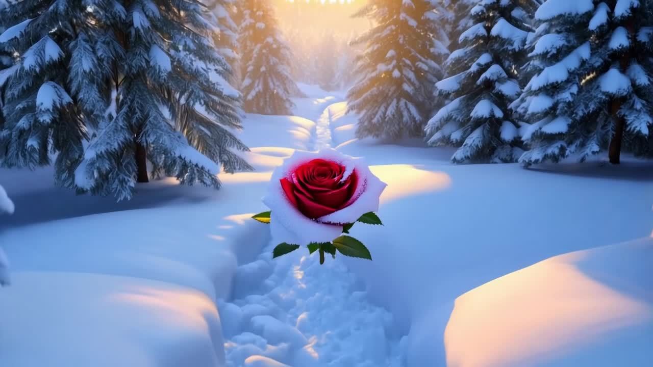 雪覆盖的森林里，一条雪路穿过，路中间有一朵红玫瑰，
