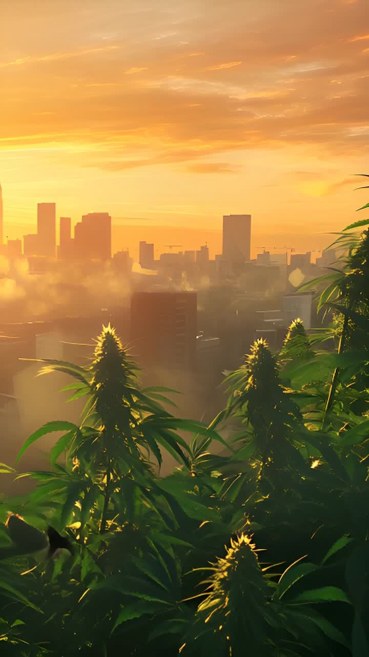 茂盛的植物逐渐拉远镜头，显露出日出时分的城市天际线