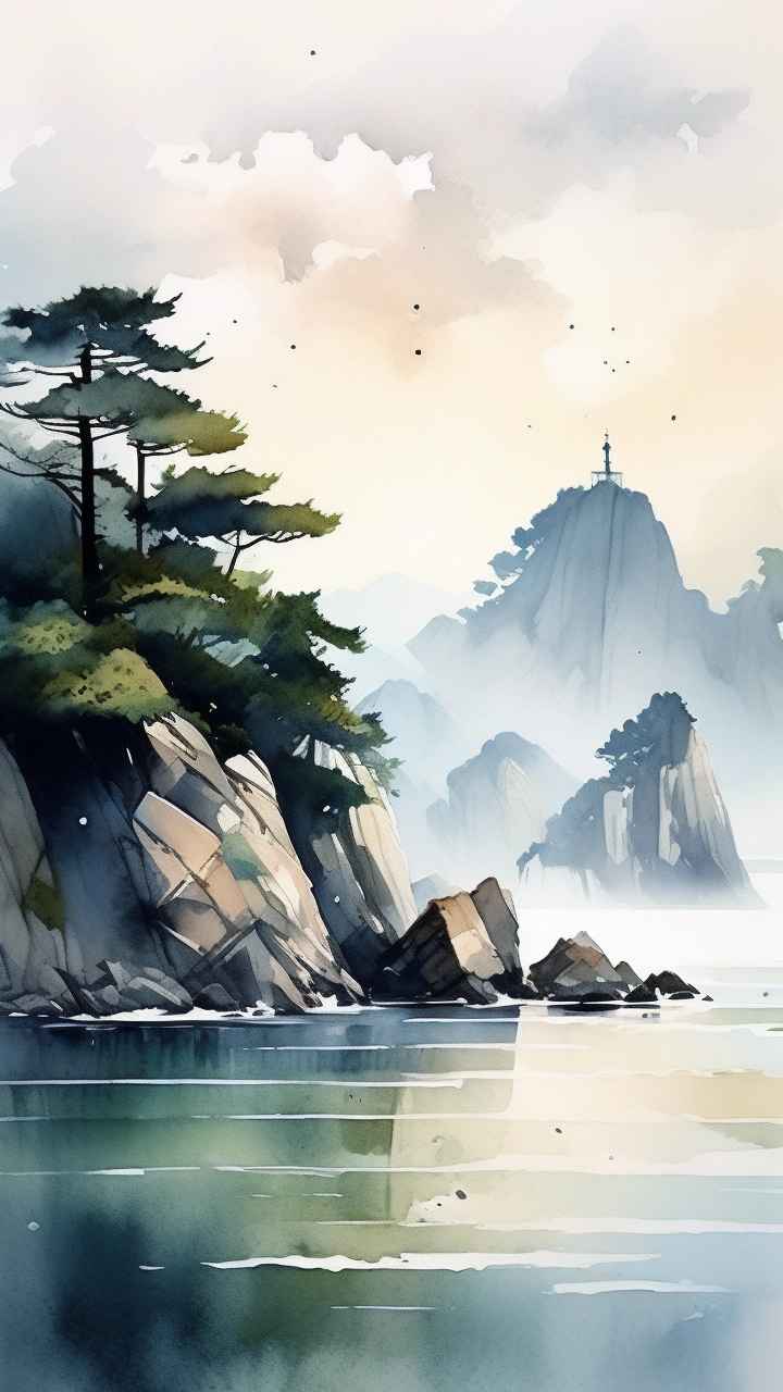 雾气缭绕大海山水画简约风格 24