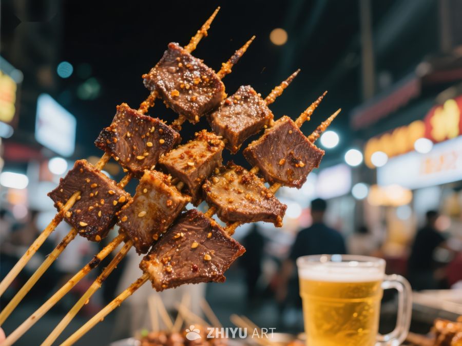 夜市烤串与啤酒，美食享受