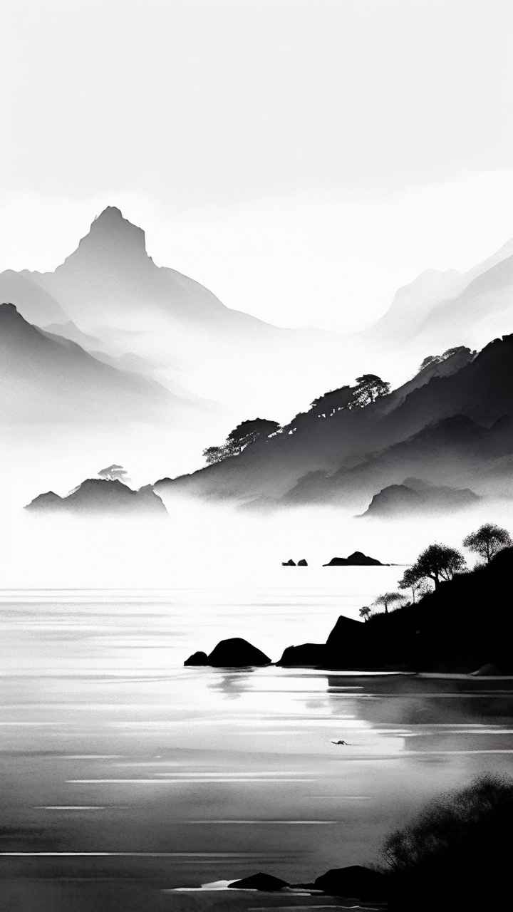 雾气缭绕水墨山水画简约风格 44