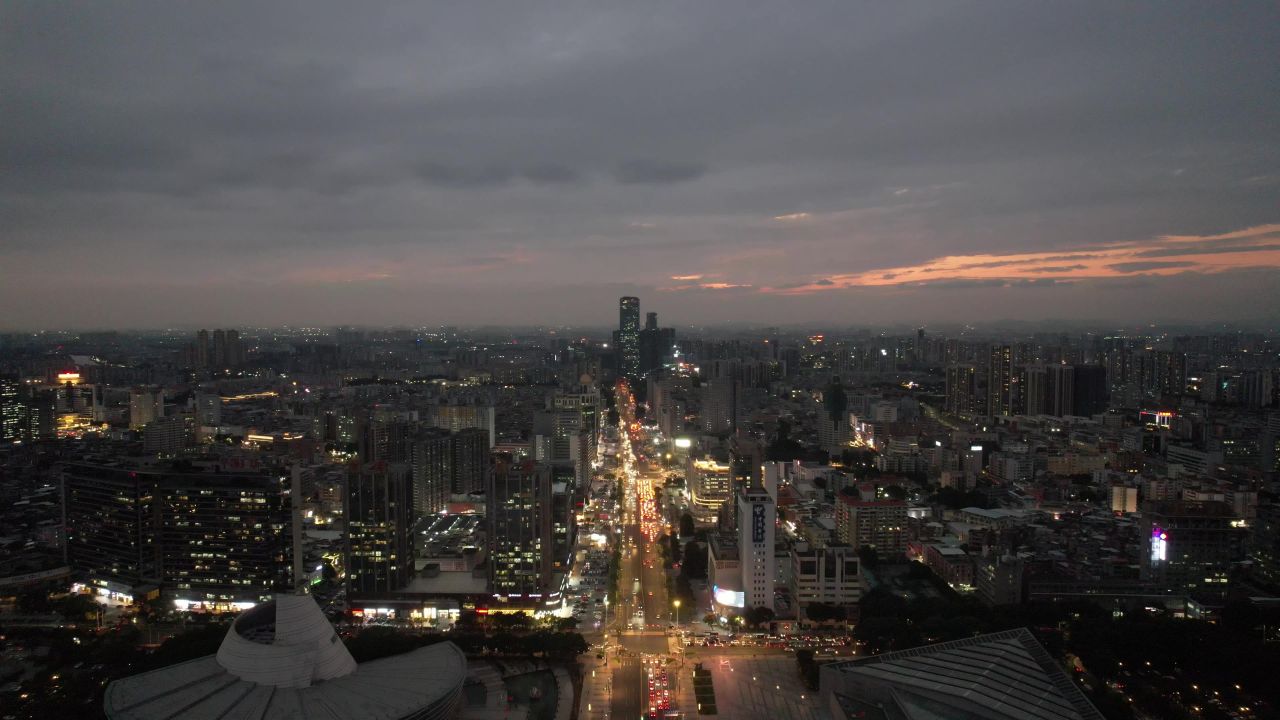 广东东莞晚霞夜幕降临航拍