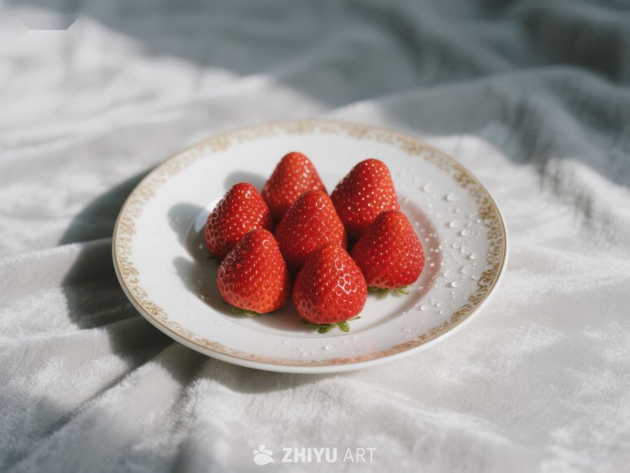 盘中新鲜草莓，阳光洒落 317