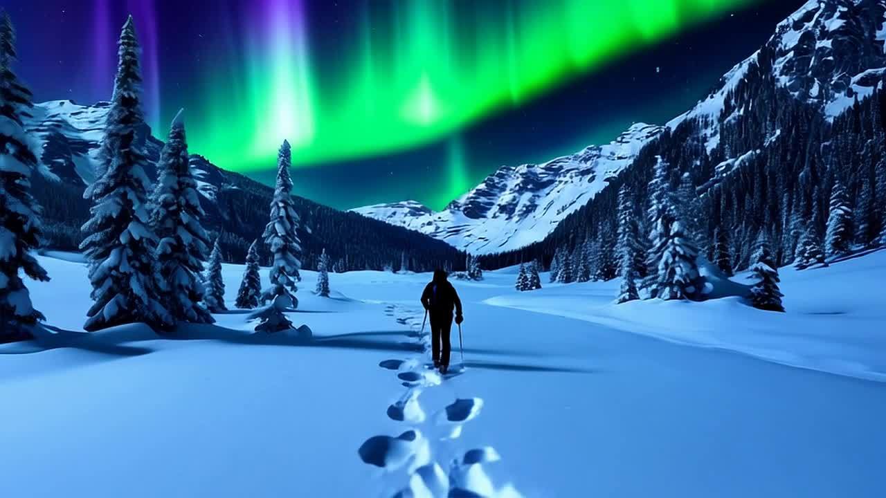 一个人在阿拉斯加雪谷中行走，雪地上留下一串脚印。天