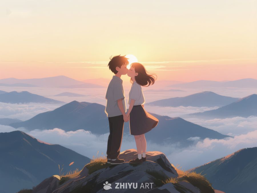 山顶情侣亲吻，云海日落背景 628