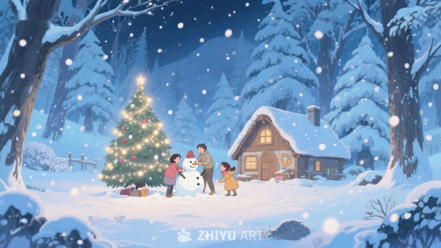 冬夜雪地家庭堆雪人 97