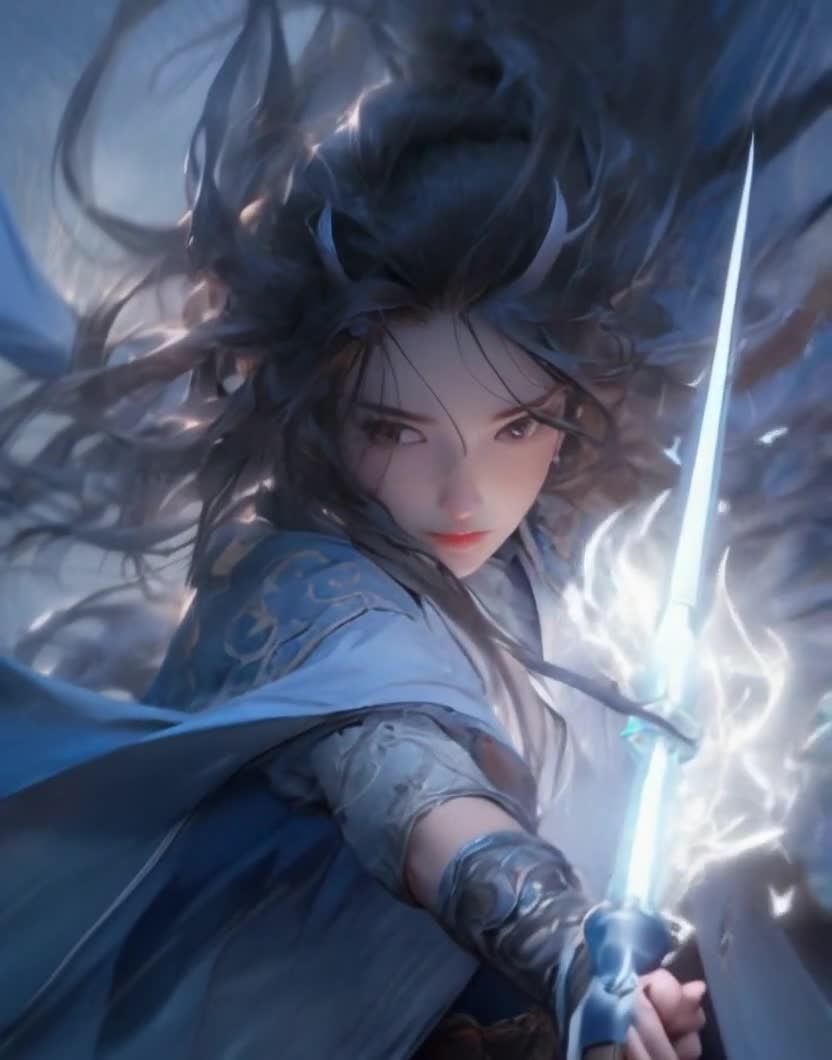 持蓝色武器的奇幻长发女子
