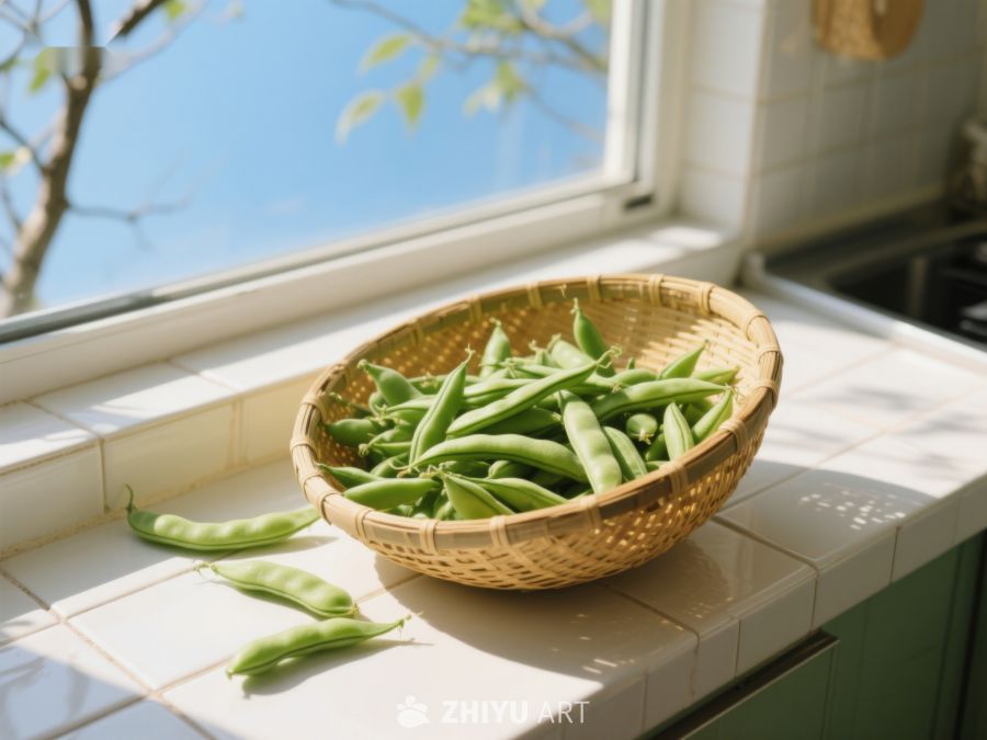 窗台上的竹篮装满新鲜豆荚 140