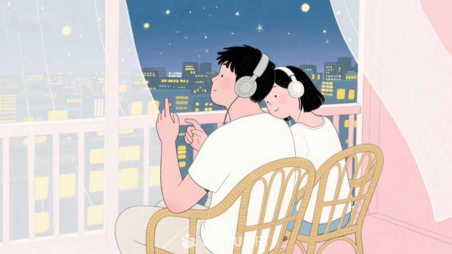 夜晚窗边共赏城市夜景的两人 598