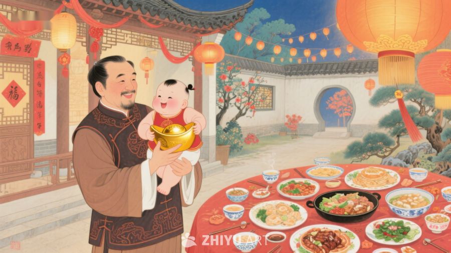 传统节日中怀抱婴儿的男子 78