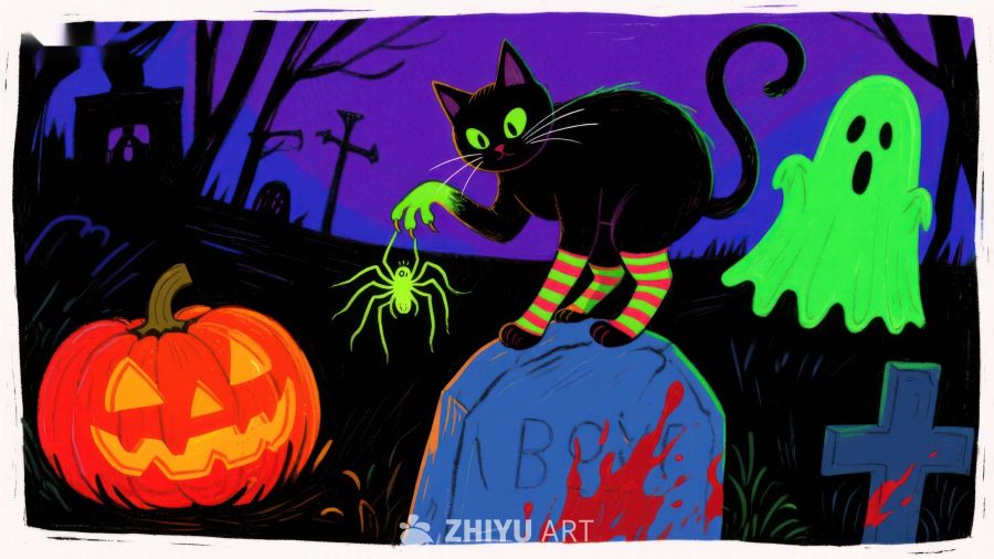 万圣节夜景：黑猫与幽灵