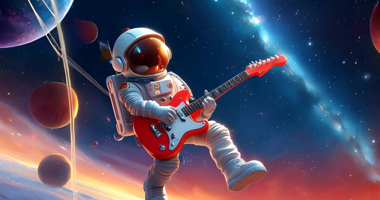太空宇航员弹奏红色电吉他，宇宙星空背景