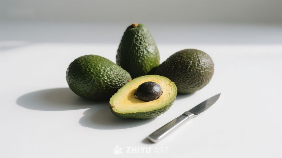 新鲜牛油果与刀具的静物组合