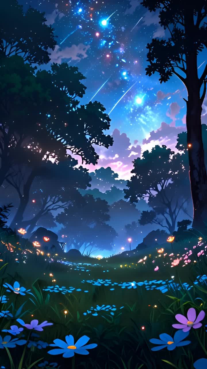 夜空中有星星和流星，天空呈现蓝色和紫色。树木的剪影