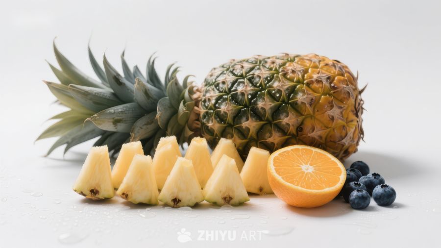 新鲜水果组合：菠萝、橙子与蓝莓