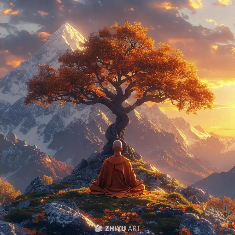 光头，有胡须的男人在山顶上一棵孤零零的树附近，以莲