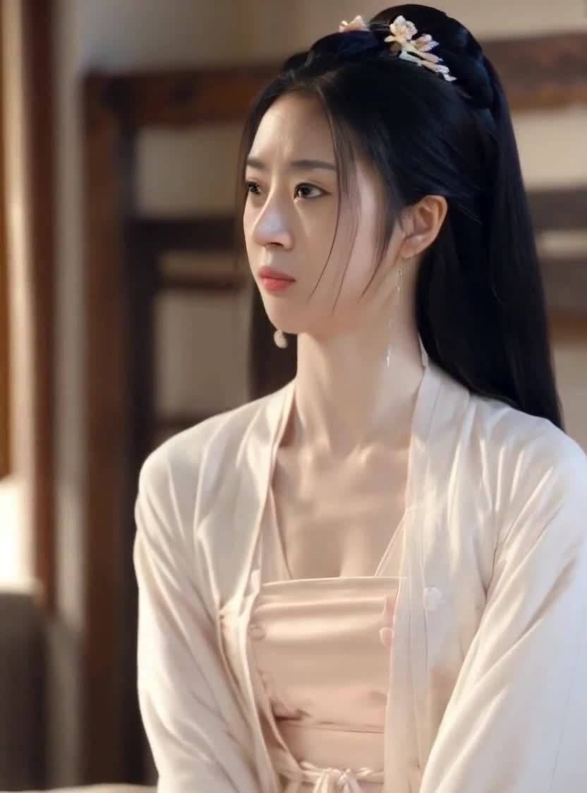 一位美女面对观众，身子轻轻晃动。她梳着古典发髻，佩