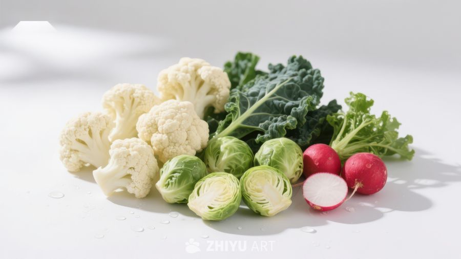新鲜蔬菜组合：花椰菜、甘蓝和樱桃萝卜