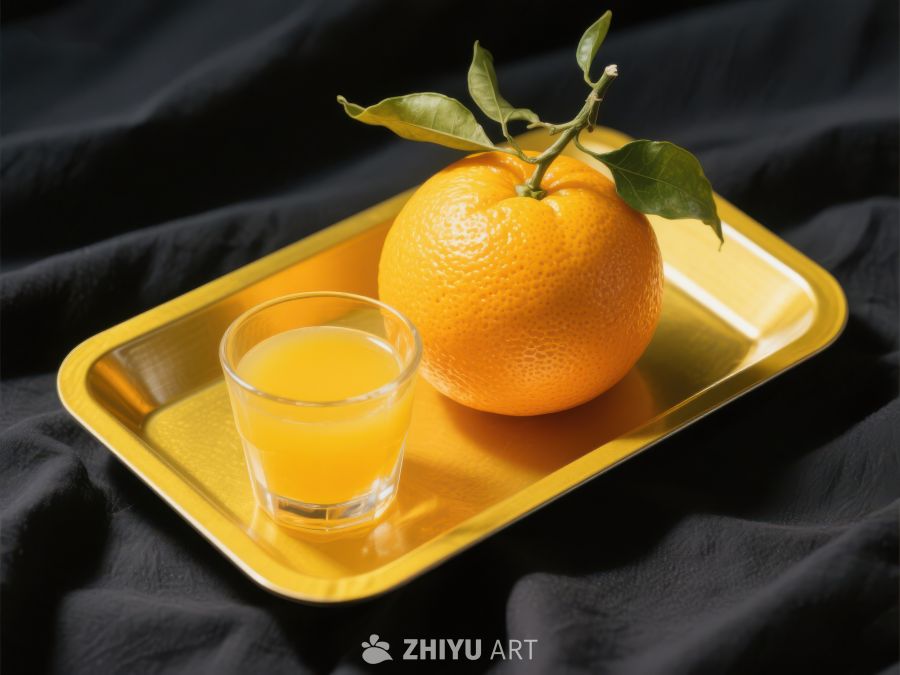 橙子与橙汁置于金色托盘 58