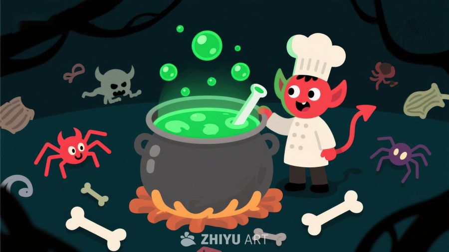 小恶魔厨师在夜晚烹饪魔法药水