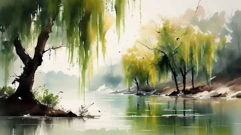 河边柳树插画风景图 31