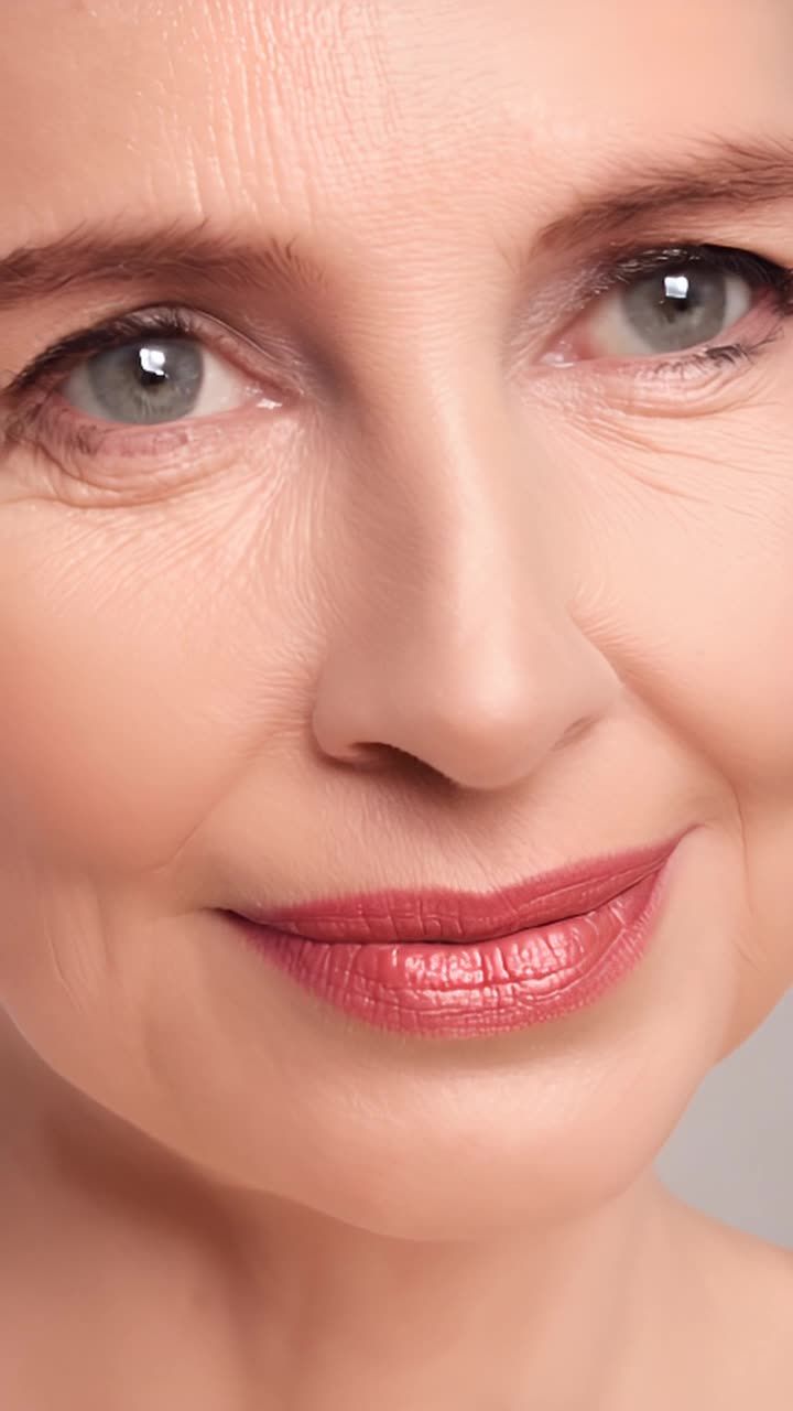 特写镜头，动态画面：一个女人的嘴唇从年轻美丽过渡到
