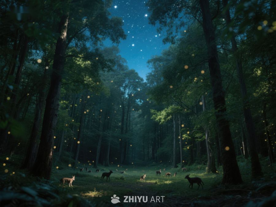 夜幕森林，萤火虫与鹿群 464