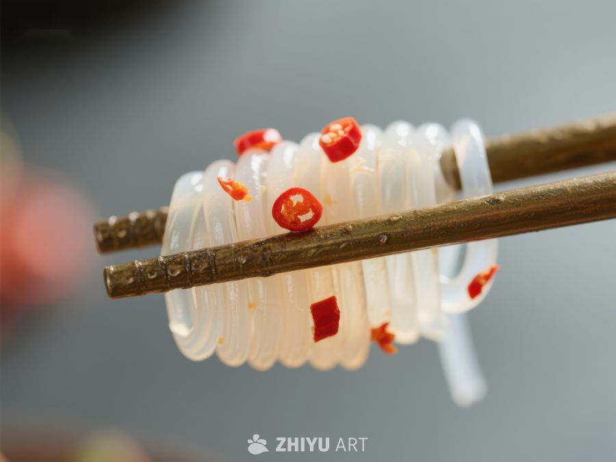 筷子夹起透明面条与红椒片 722