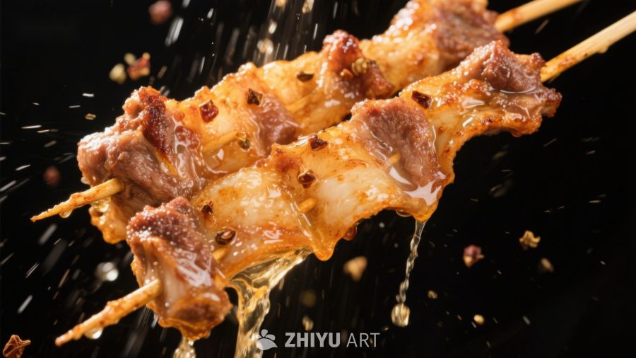 美味烤肉串，油汁四溅