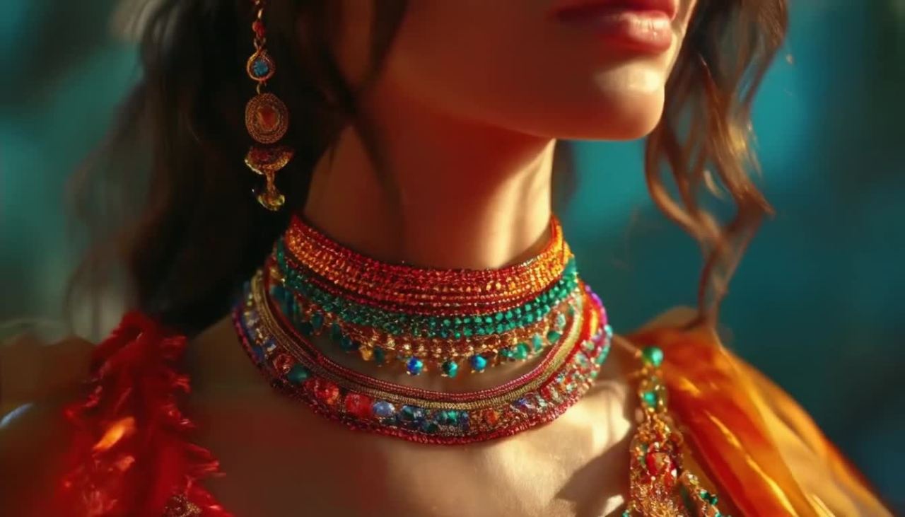 美女佩戴着多层彩宝项链，项链具有克罗地亚设计风格。