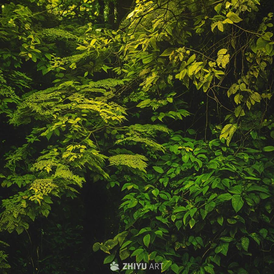 一片茂盛的绿色森林，树叶和树枝形成浓密的树冠。树叶