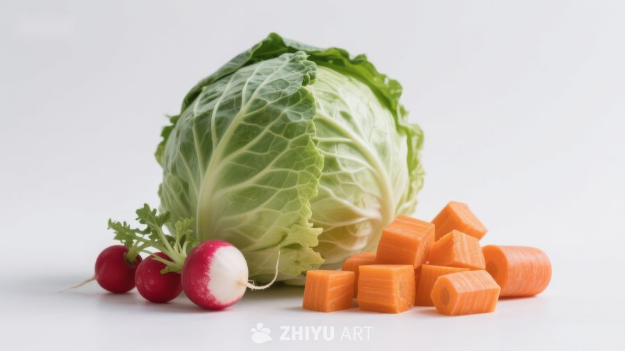 新鲜蔬菜组合：卷心菜、胡萝卜和樱桃萝卜