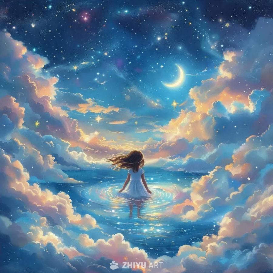 一个小女孩站在水面上，水面周围环绕着蓬松的云朵，云