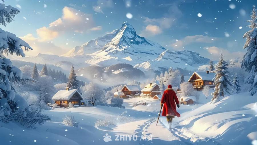 一名身穿红色外套的人拄着拐杖走在雪地里，身后留下一