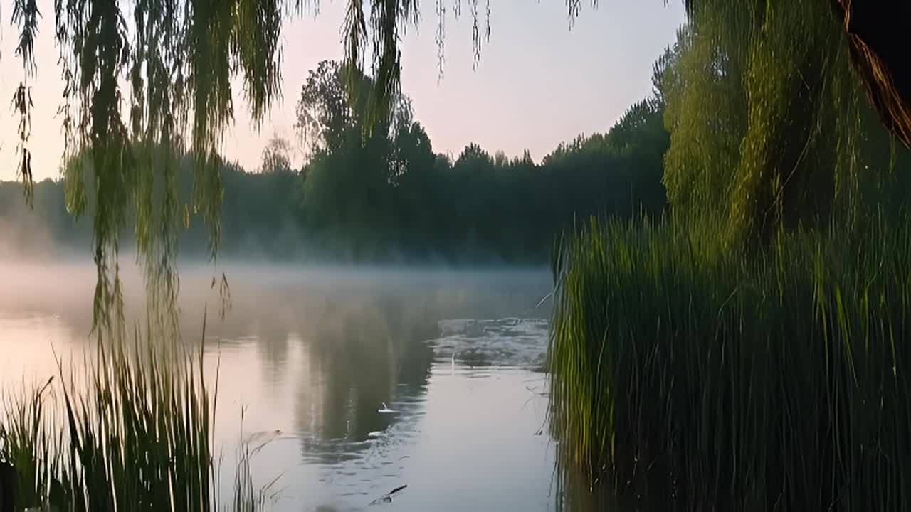 清晨，薄雾笼罩着宁静的河流，柔化了周边的景色。光滑