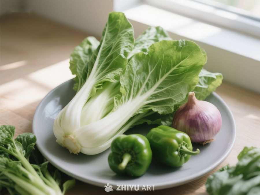 新鲜蔬菜组合：小白菜、青椒与大蒜 717