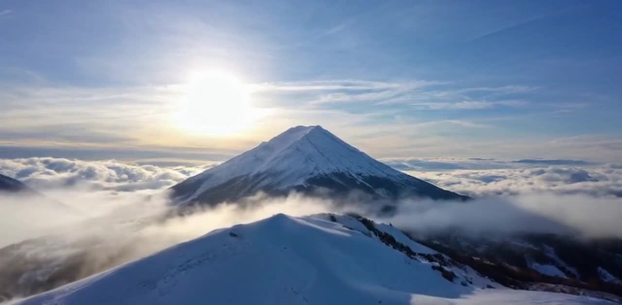 玉龙雪山屹立在云雾之中，阳光穿过云层照射下来。视频