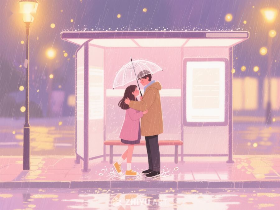 雨夜公交站的温馨拥抱 1131
