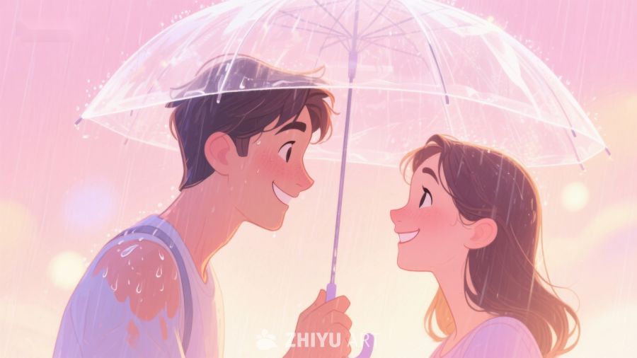 雨中情侣共撑伞温馨对视 661