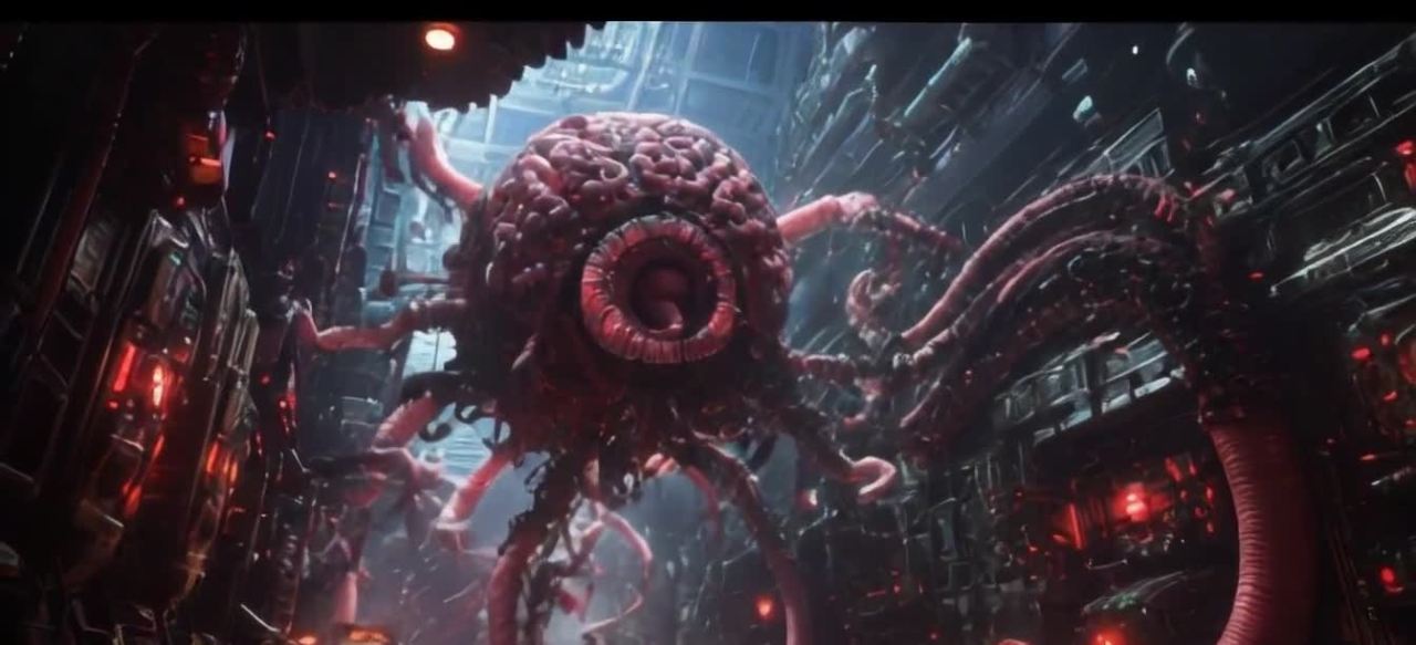 一个巨大的类似大脑的生物体悬浮在复杂的机械结构中。