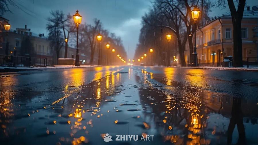 下午五点左右，下着雨的街道，地面湿漉漉的，倒映着路