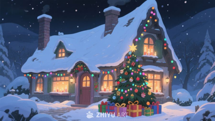 雪夜中的温馨圣诞小屋 482