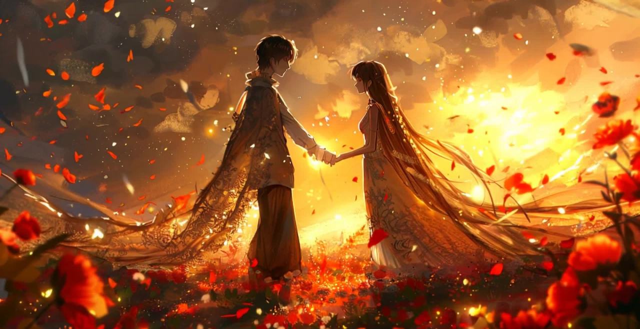 夕阳下的红色花海，情侣携手相望的爱恋。