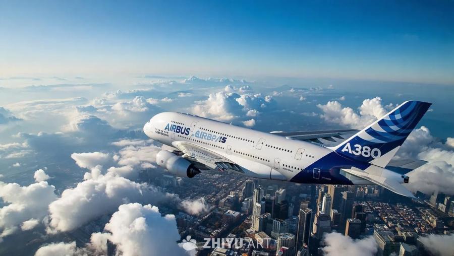 一架空中客车A380飞机在空中飞行，机身以白色为主