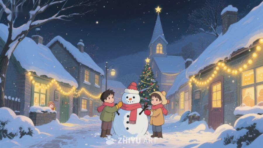 冬夜雪景中孩子们与雪人的欢乐时光 133