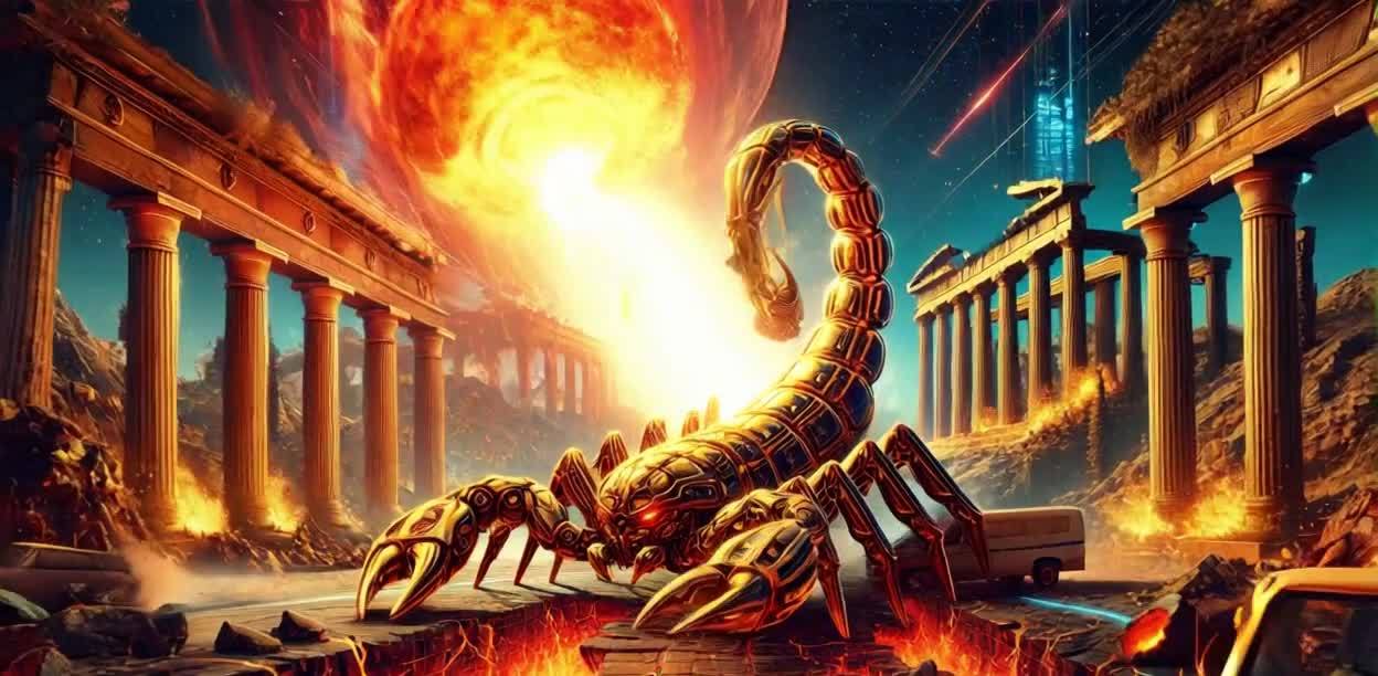 夜空中一颗红色星球，流星划过天际，周围散落着建筑残