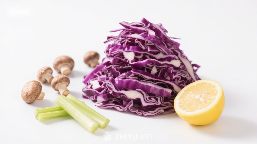 新鲜蔬菜组合：紫甘蓝、蘑菇、芹菜和柠檬