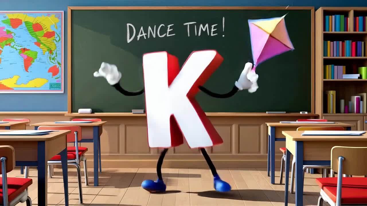 教室里，一个卡通化、拟人化的大写字母“K”正在跳舞