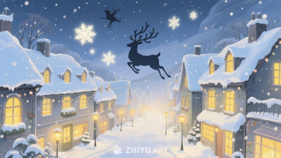 雪夜小镇与飞舞驯鹿 441
